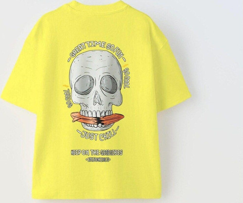Great Time So Fun Yazılı Kuru Kafa Tasarım Baskılı Sarı Unisex Çocuk T-Shirt