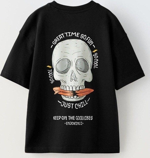 Great Time So Fun Yazılı Kuru Kafa Tasarım Baskılı Siyah Unisex Çocuk T-Shirt