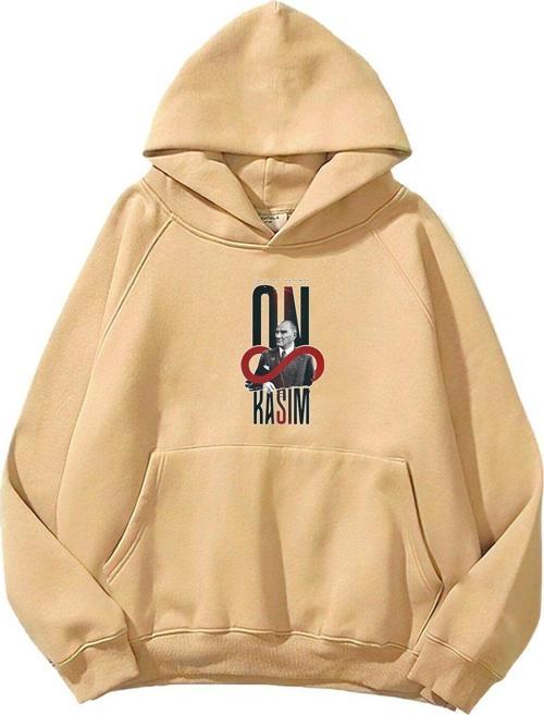 Kapüşonlu Içi Polar Kemal Atatürk 10 Kasım Baskılı Bej Unisex Hoodie Sweatshirt