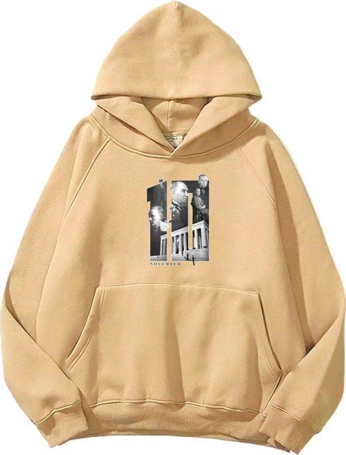 Kapüşonlu Içi Polar Kemal Atatürk 10 Kasım Baskılı Bej Unisex Sweatshirt