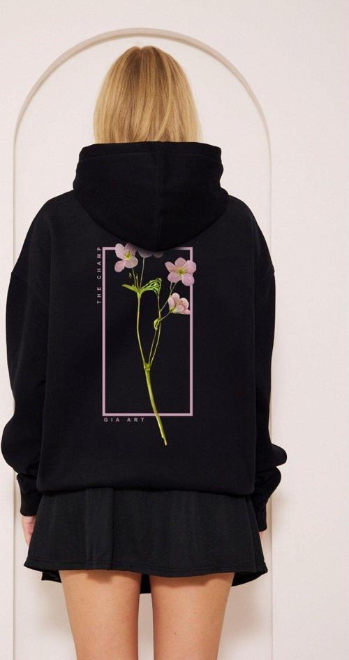 Kapüşonlu İçi Polar Flowers Baskılı Siyah Unisex Hoodie Sweatshirt