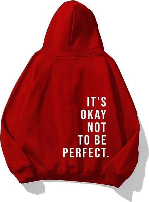 Kapüşonlu Içi Polar It'S Okay Baskılı Unisex Kırmızı Oversize Hoodie Sweatshirt