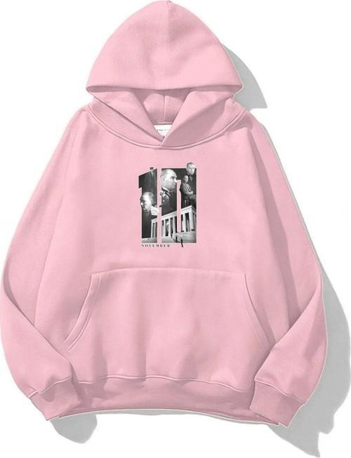 Kapüşonlu Içi Polar Kemal Atatürk 10 Kasım Baskılı Pembe Unisex Hoodie Sweatshirt