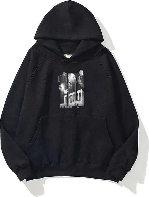 Kapüşonlu Içi Polar Kemal Atatürk 10 Kasım Baskılı Siyah Unisex Hoodie Sweatshirt