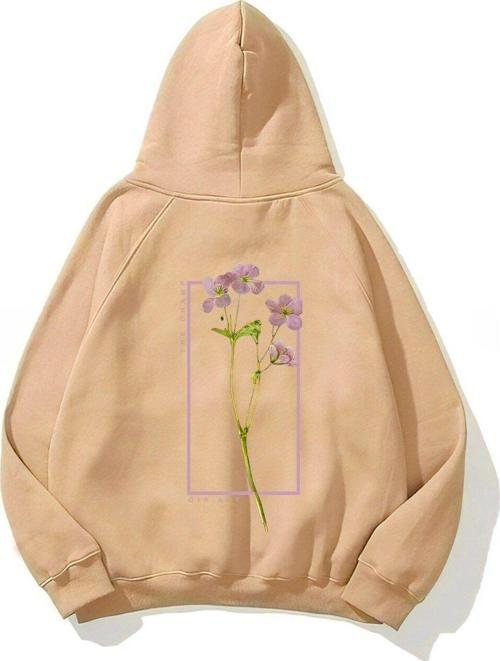 Kapüşonlu Içi Polar Flowers Baskılı Bej Unisex Hoodie Sweatshirt
