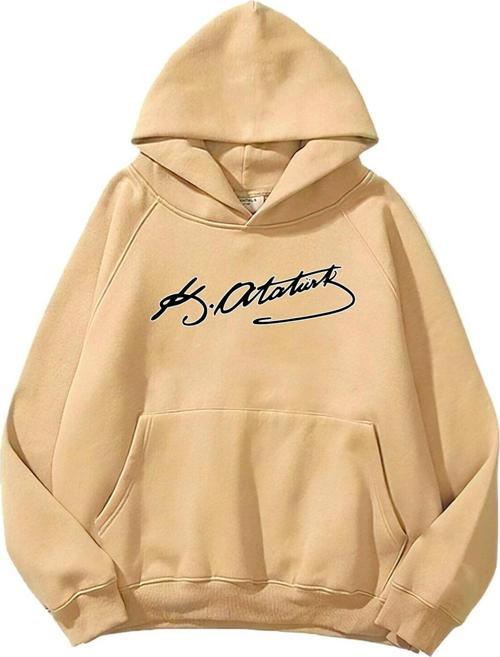 Kapüşonlu Içi Polar Kemal Atatürk Imzalı Baskılı Bej Unisex Hoodie Sweatshirt