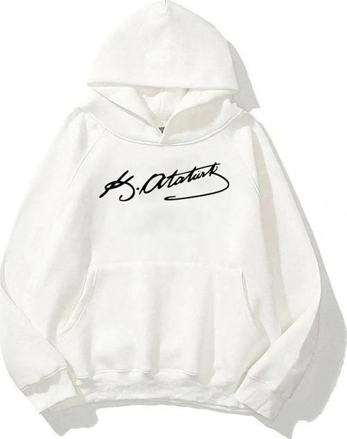 Kapüşonlu Içi Polar Kemal Atatürk Imzalı Baskılı Beyaz Unisex Sweatshirt