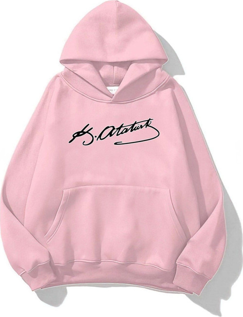 Kapüşonlu Içi Polar Kemal Atatürk Imzalı Baskılı Pembe Unisex Hoodie Sweatshirt