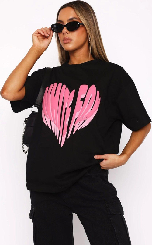White Fox Siyah Kadın Love Brust Baskılı Bisiklet Yaka T-Shirt