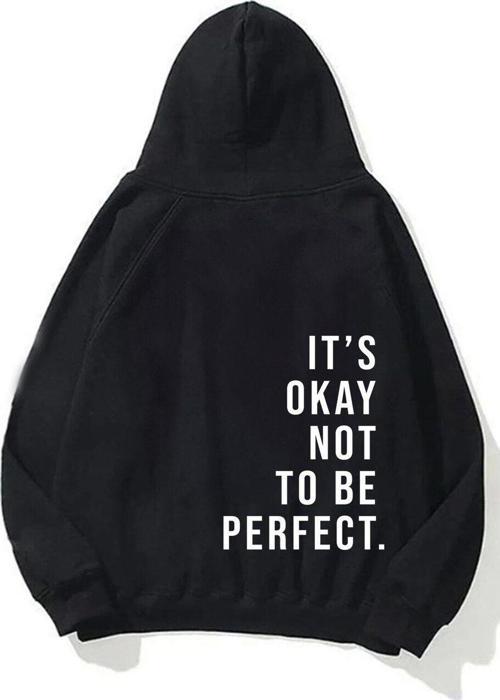 Kapüşonlu Içi Polar It'S Okay Baskılı Unisex Siyah Oversize Hoodie Sweatshirt