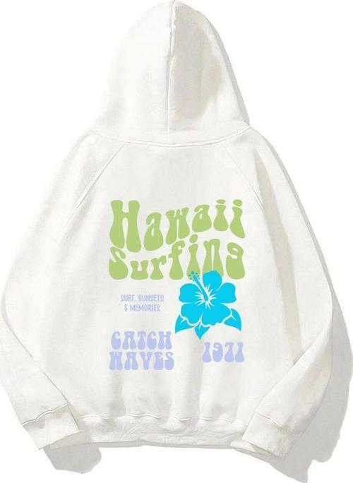 Kapüşonlu Içi Polar Hawaii Baskılı Beyaz Unisex Oversize Hoodie Sweatshirt