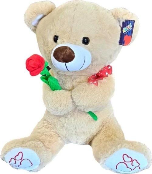 Bej Gül Tutan Peluş Ayı