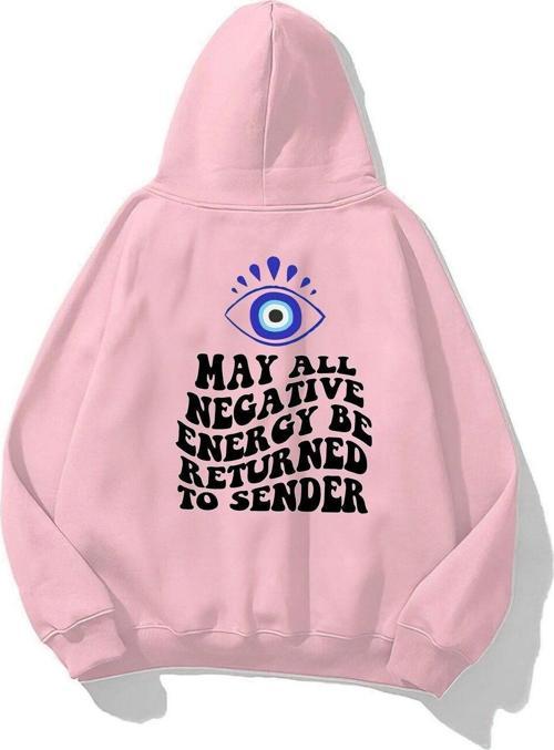Kapüşonlu Içi Polar Kirpikli Nazar Boncuğu Baskılı Pembe Unisex Sweatshirt