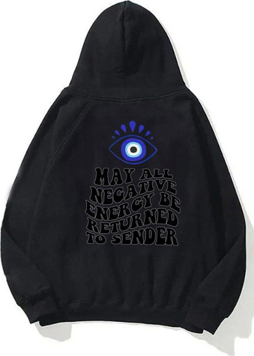 Kapüşonlu Içi Polar Kirpikli Nazar Boncuğu Baskılı Siyah Unisex Sweatshirt