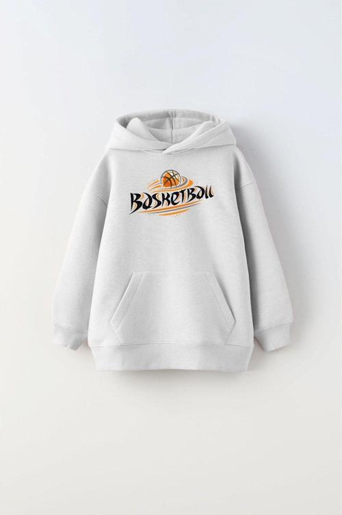 Kapüşonlu Içi Polar Basketbol Baskılı Beyaz Unisex Çocuk Sweatshirt