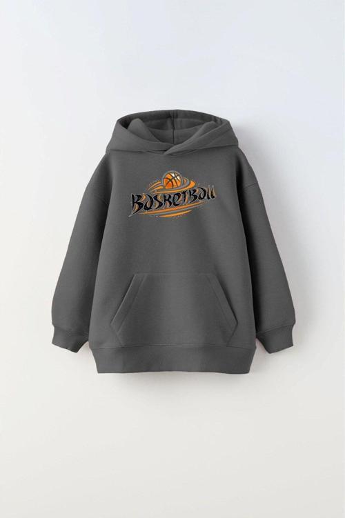 Kapüşonlu Içi Polar Basketbol Baskılı Füme Unisex Çocuk Sweatshirt