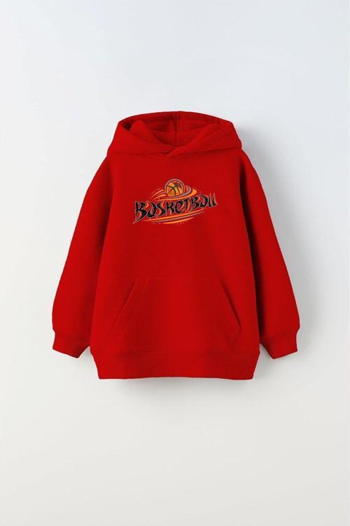 Kapüşonlu Içi Polar Basketbol Baskılı Kırmızı Unisex Çocuk Sweatshirt