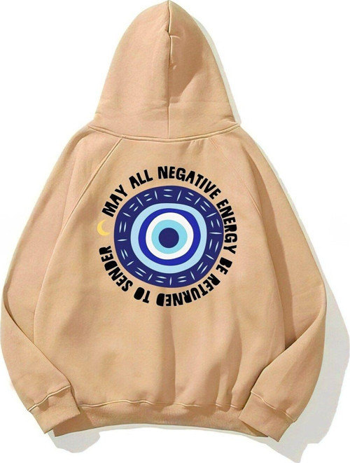 Kapüşonlu Içi Polar Nazar Boncuğu Baskılı Bej Unisex Sweatshirt