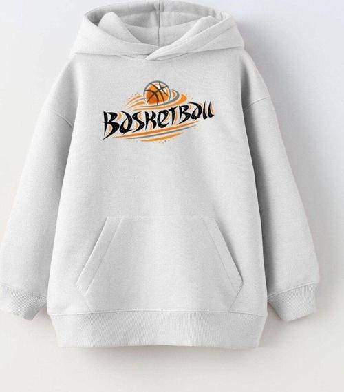 Kapüşonlu Içi Polar Basketbol Baskılı Beyaz Unisex Çocuk Sweatshirt