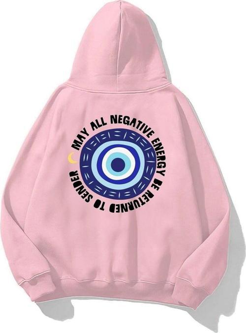 Kapüşonlu Içi Polar Nazar Boncuğu Baskılı Pembe Unisex Sweatshirt