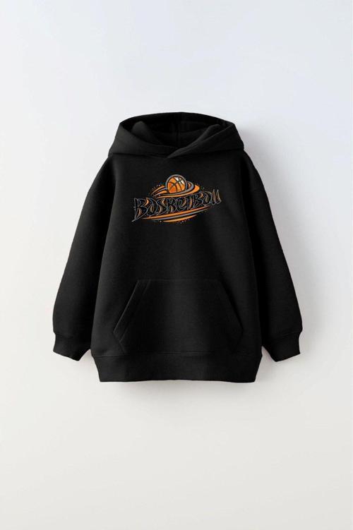 Kapüşonlu Içi Polar Basketbol Baskılı Siyah Unisex Çocuk Sweatshirt