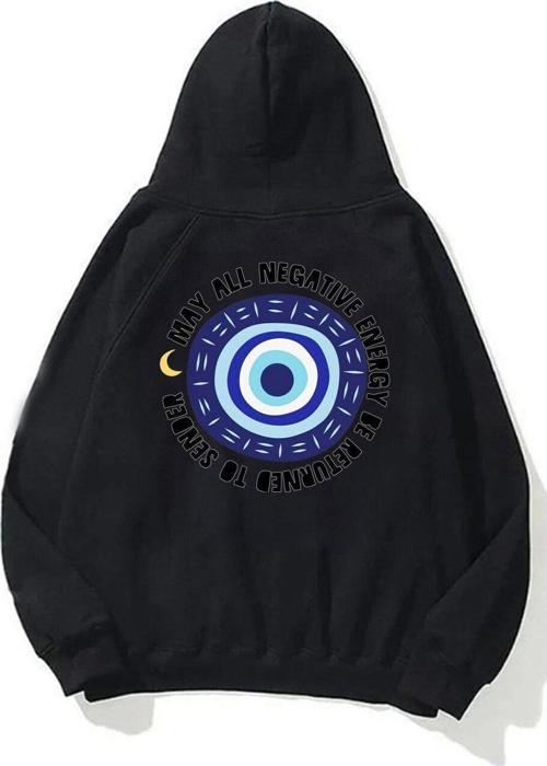 Kapüşonlu Içi Polar Nazar Boncuğu Baskılı Siyah Unisex Sweatshirt