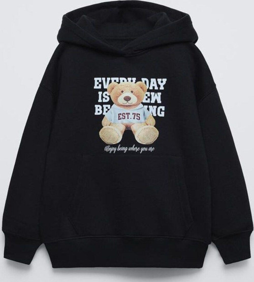 Siyah Çocuk Every Day Is Em Being Yazılı Ayıcıklı Kapüşonlu Oversize Sweatshirt