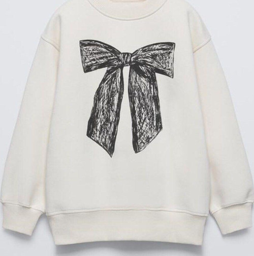 Krem Çocuk Bisiklet Yaka Önde Kurdele Baskılı Oversize Sweatshirt