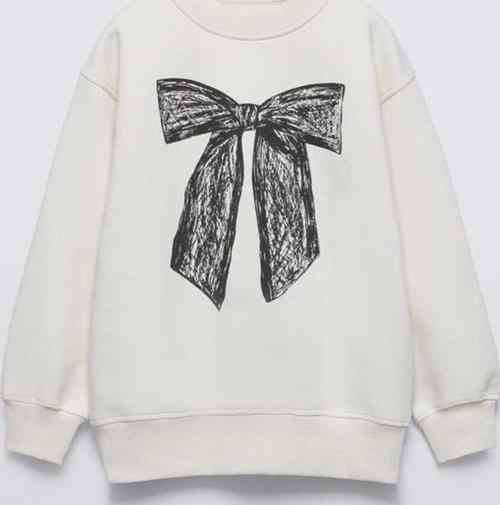 Krem Çocuk Bisiklet Yaka Önde Kurdele Baskılı Oversize Sweatshirt
