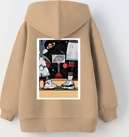 Kapüşonlu Içi Polar I Love This Game Yazılı Basketbol Baskılı Bej Unisex Çocuk Sweatshirt