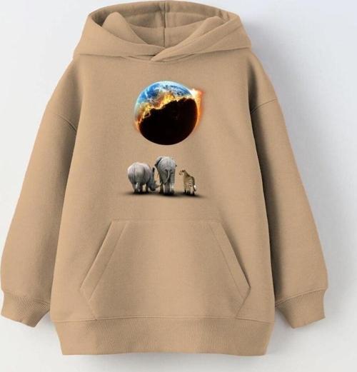 Kapüşonlu Içi Polar Burning World And Animals Baskılı Bej Unisex Çocuk Sweatshirt