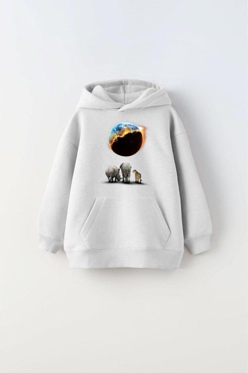 Kapüşonlu Içi Polar Burning World And Animals Baskılı Beyaz Unisex Çocuk Sweatshirt