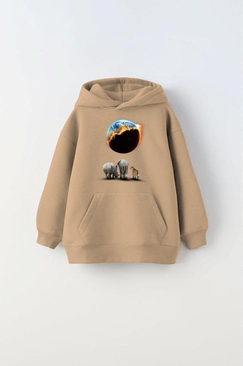 Kapüşonlu Içi Polar Burning World And Animals Baskılı Bej Unisex Çocuk Sweatshirt