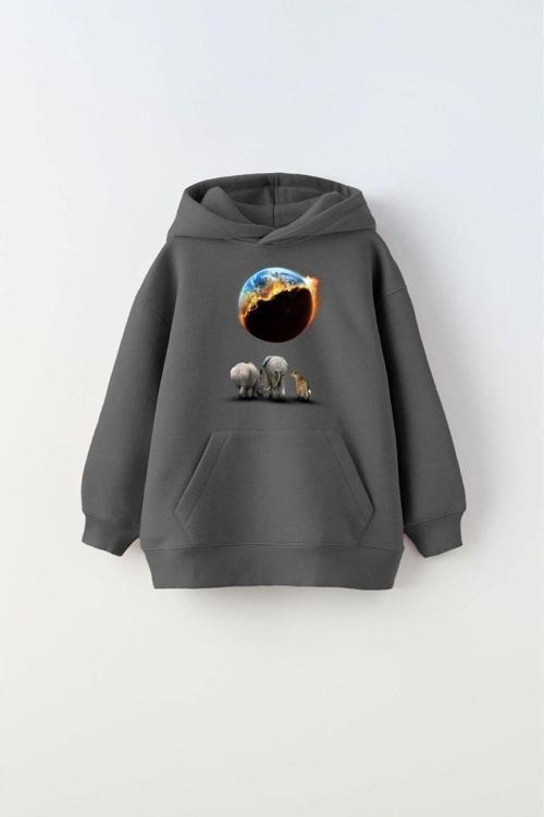 Kapüşonlu Içi Polar Burning World And Animals Baskılı Füme Unisex Çocuk Sweatshirt