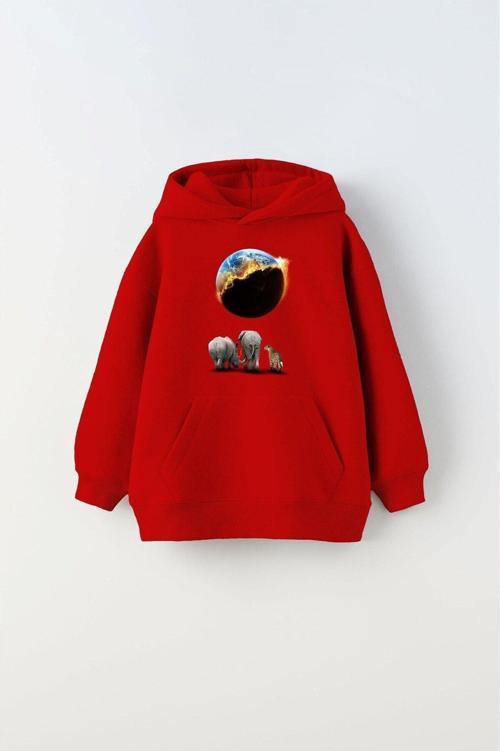 Kapüşonlu Içi Polar Burning World And Animals Baskılı Kırmızı Unisex Çocuk Hoodie Sweatshirt