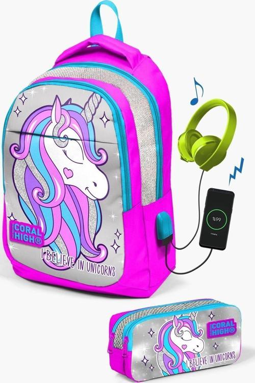 Kids Pembe Gümüş Simli Unicorn Desenli Usb'li 2'li Okul Çanta Seti