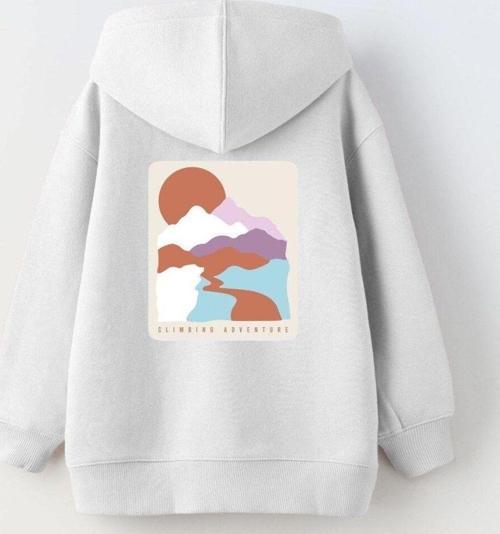 Kapüşonlu Içi Polar Climbing Adventure Baskılı Beyaz Unisex Çocuk Hoodie Sweatshirt