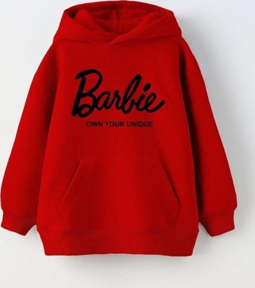 Kapüşonlu Içi Polar Barbie Own Your Unique Yazı Baskılı Kırmızı Unisex Çocuk Hoodie Sweatshirt