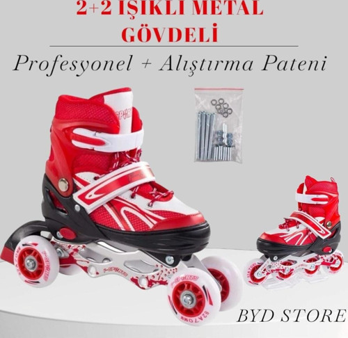 2+2 Işıklı Metal Gövdeli Profesyonel Ve Alıştırma Kırmızı Kız Erkek Çocuk Pateni