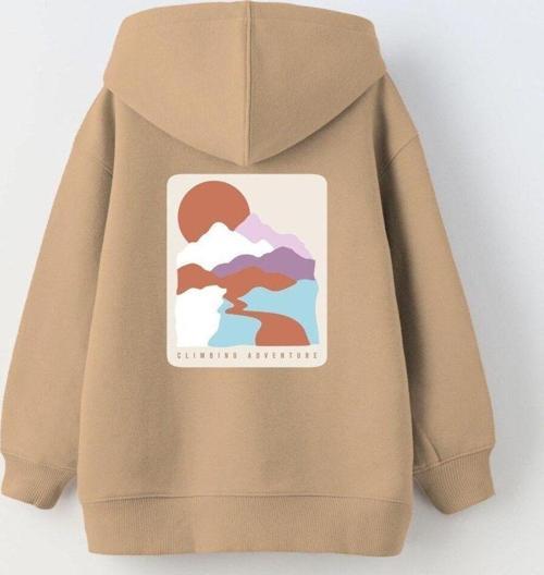 Kapüşonlu Içi Polar Climbing Adventure Baskılı Bej Unisex Çocuk Hoodie Sweatshirt