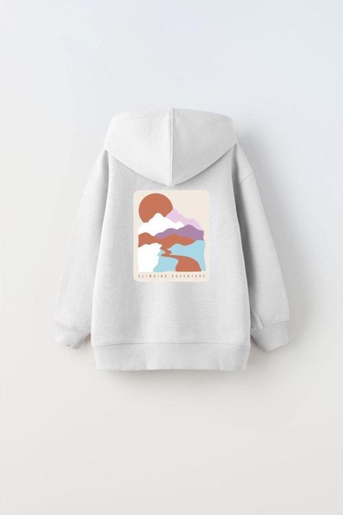 Kapüşonlu Içi Polar Climbing Adventure Baskılı Beyaz Unisex Çocuk Hoodie Sweatshirt