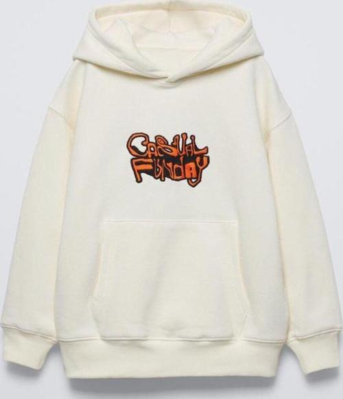 Krem Çocuk Casual Funday Baskılı Oversize Kapüşonlu Sweatshirt