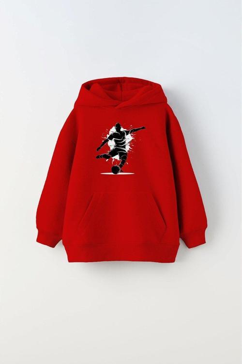 Kapüşonlu Içi Polar Futbolcu Baskılı Kırmızı Unisex Çocuk Hoodie Sweatshirt