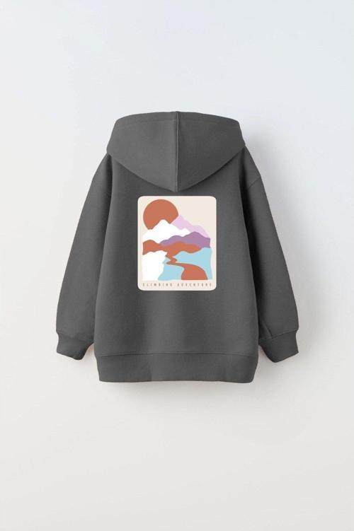 Kapüşonlu Içi Polar Climbing Adventure Baskılı Füme Unisex Çocuk Hoodie Sweatshirt