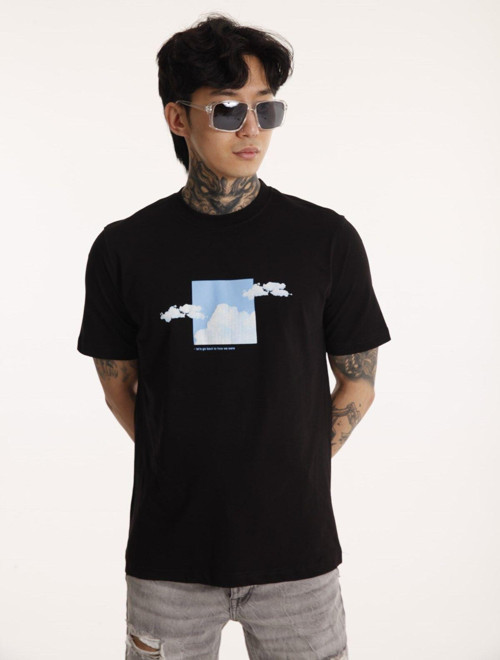 Bisiklet Yaka Erkek Kabaran Bulut Baskılı Pamuk T-Shirt