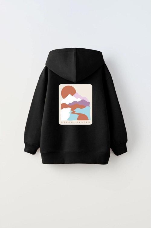 Kapüşonlu Içi Polar Climbing Adventure Baskılı Siyah Unisex Çocuk Hoodie Sweatshirt