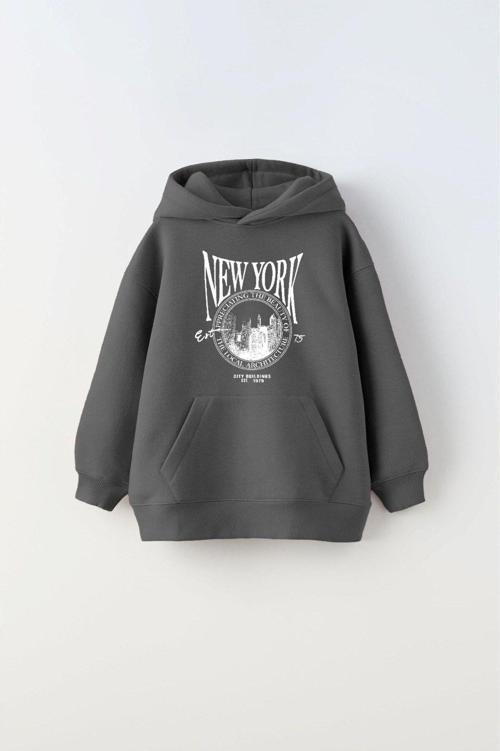 Kapüşonlu Içi Polar New York Yazı Baskılı Füme Unisex Çocuk Hoodie Sweatshirt