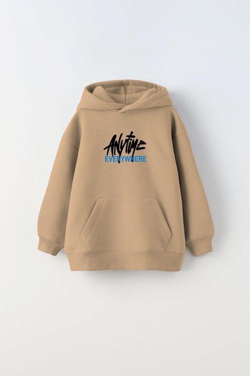 Kapüşonlu Içi Polar Any Time Every Where Yazı Baskılı Bej Unisex Çocuk Hoodie Sweatshirt