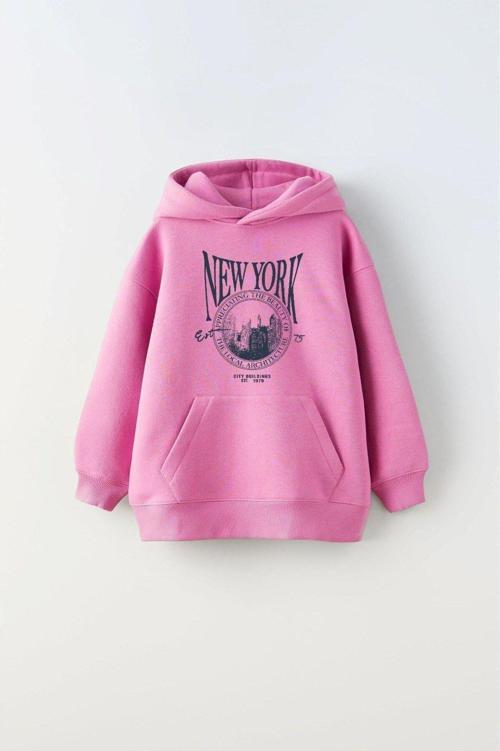 Kapüşonlu Içi Polar New York Yazı Baskılı Pembe Unisex Çocuk Hoodie Sweatshirt