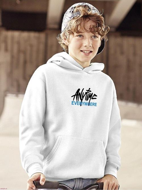 Kapüşonlu Içi Polar Any Time Every Where Yazı Baskılı Beyaz Unisex Çocuk Hoodie Sweatshirt